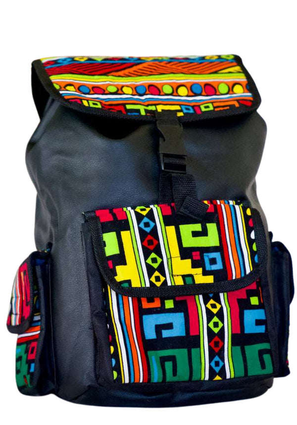 Djembe Rhythm Explorer Backpack Collection - Full Leather Backpack with Ankara Accent Closure