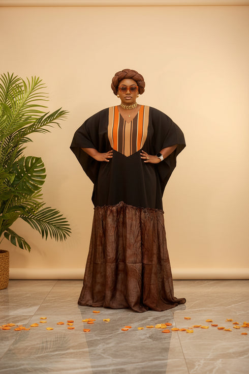 EOS African Adire Silk Crepe and Aso Oke Woven Traditional Fabric Boubou Kaftan Dress With Matching Headwrap Set - 2 pieces Boubou Set