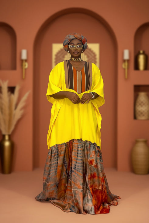 EOS African Adire Silk Crepe and Aso Oke Woven Traditional Fabric Boubou Kaftan Dress With Matching Headwrap Set - 2 pieces Boubou Set