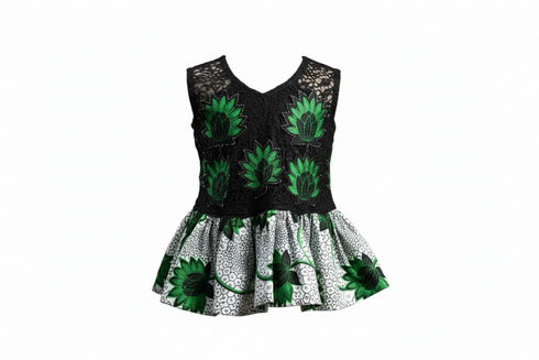 Elowen Black Lace with Flower Pattern and Ankara Peplum Top for Girls – Bold African Print Sleeveless Top Only