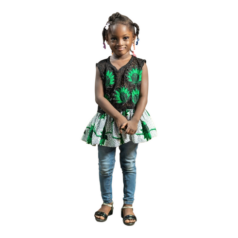 Elowen Black Lace with Flower Pattern and Ankara Peplum Top for Girls – Bold African Print Sleeveless Top Only