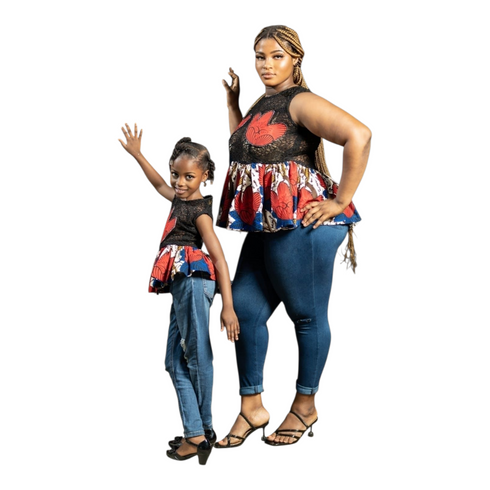 Elowen Black Lace with Flower Pattern and Ankara Peplum Top for Women – Bold African Print Sleeveless Top Only