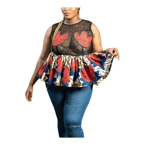 Elowen Black Lace with Flower Pattern and Ankara Peplum Top for Women – Bold African Print Sleeveless Top Only