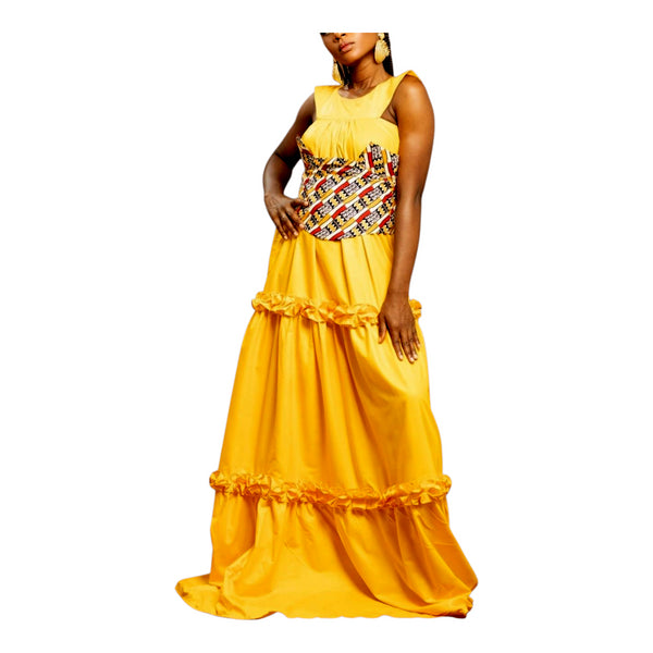 FIKILE Handmade Elegant Maxi Dress with Ankara Waist Belt