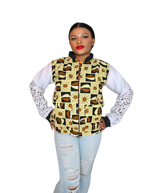 FRIMPOMAA Handmade Ankara and Mesh Scuba Bomber Jacket for Women