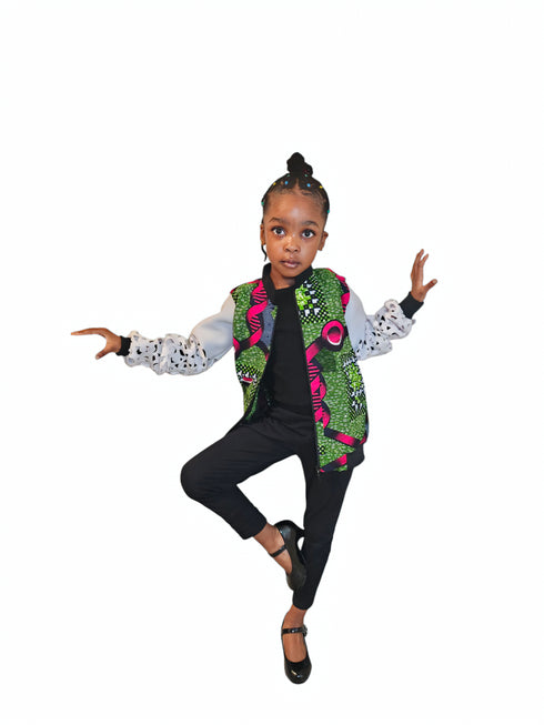 FRIMPOMAA Handmade Ankara and Mesh Scuba Bomber Jacket for Girls