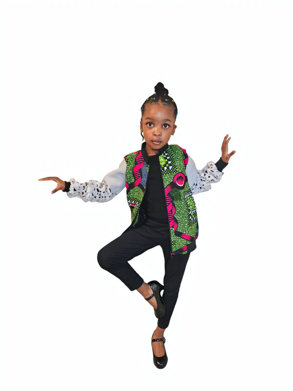 FRIMPOMAA Handmade Ankara and Mesh Scuba Bomber Jacket for Girls