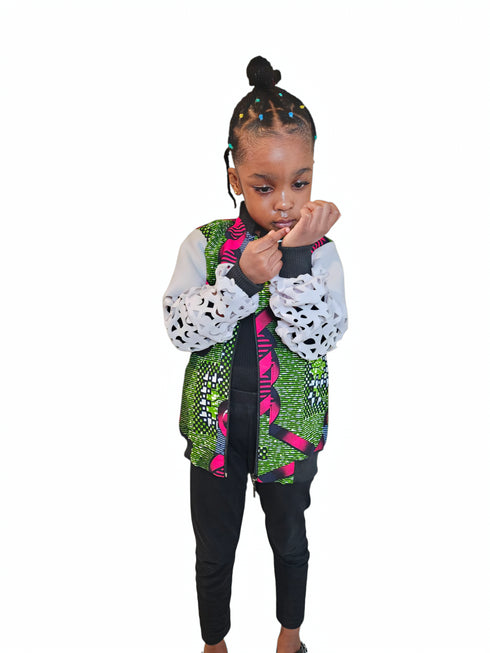 FRIMPOMAA Handmade Ankara and Mesh Scuba Bomber Jacket for Girls