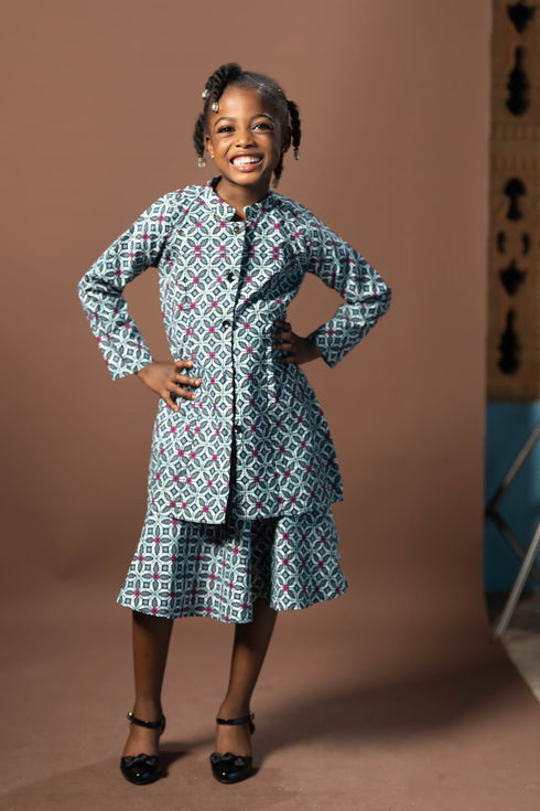 GHALI Elegant Girls button-down Ankara top and skirt set
