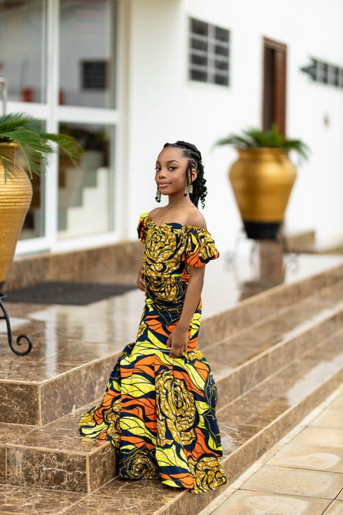 GIMBIYA Long Majestic Rose Flower Pattern Mermaid Ankara Dress for girls