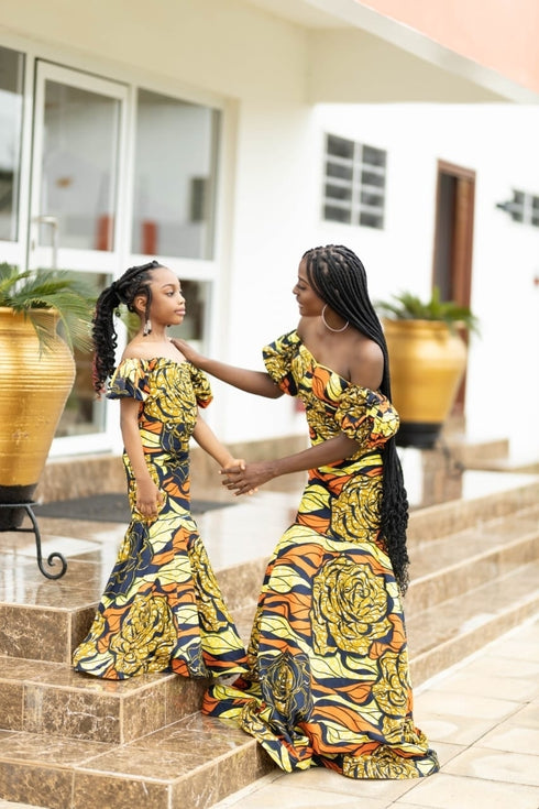 GIMBIYA Long Majestic Rose Flower Pattern Mermaid Ankara Dress for girls