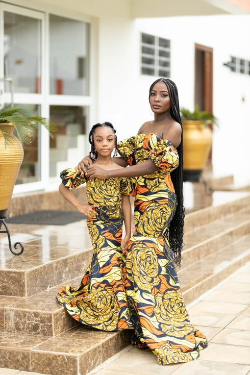 GIMBIYA Long Majestic Rose Flower Pattern Mermaid Ankara Dress for girls