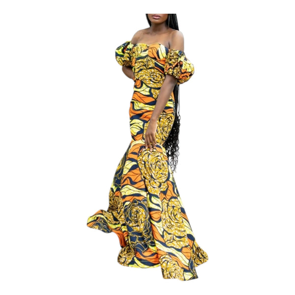 GIMBIYA Long Majestic Rose Flower Pattern Mermaid Ankara Dress