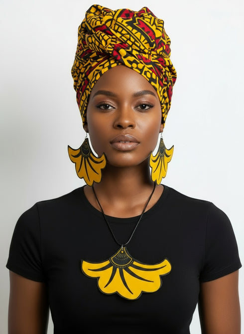 Golden Petal Cascade Accessory Set - Ankara Earring and Necklace Set