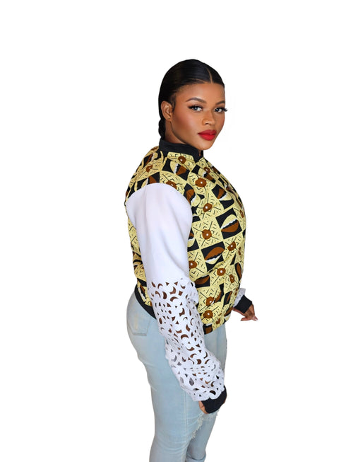 FRIMPOMAA Handmade Ankara and Mesh Scuba Bomber Jacket for Women