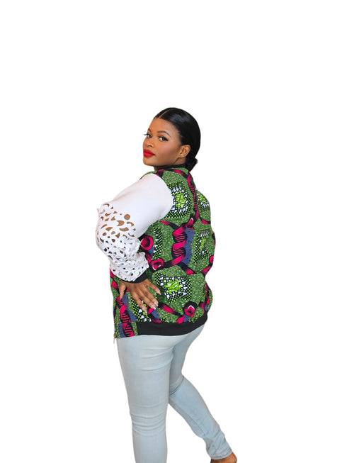 FRIMPOMAA Handmade Ankara and Mesh Scuba Bomber Jacket for Women