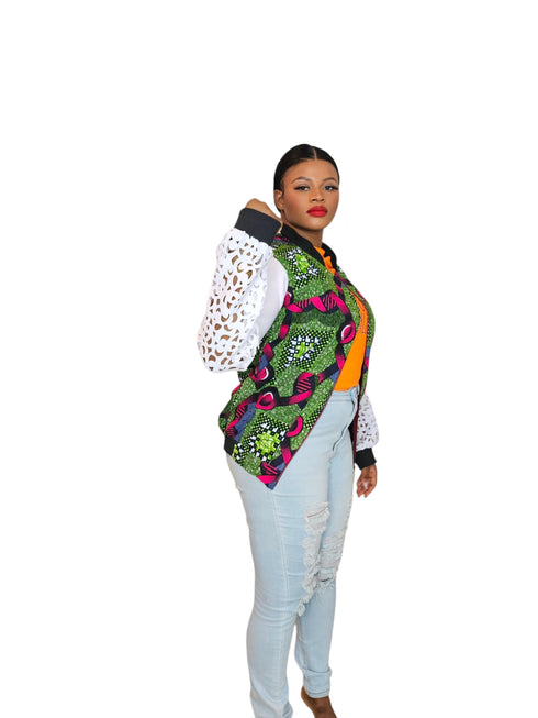 FRIMPOMAA Handmade Ankara and Mesh Scuba Bomber Jacket for Women