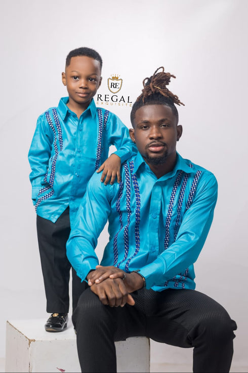 KHAMARI Long Sleeve Ankara Accented Men’s Button-Down Shirt