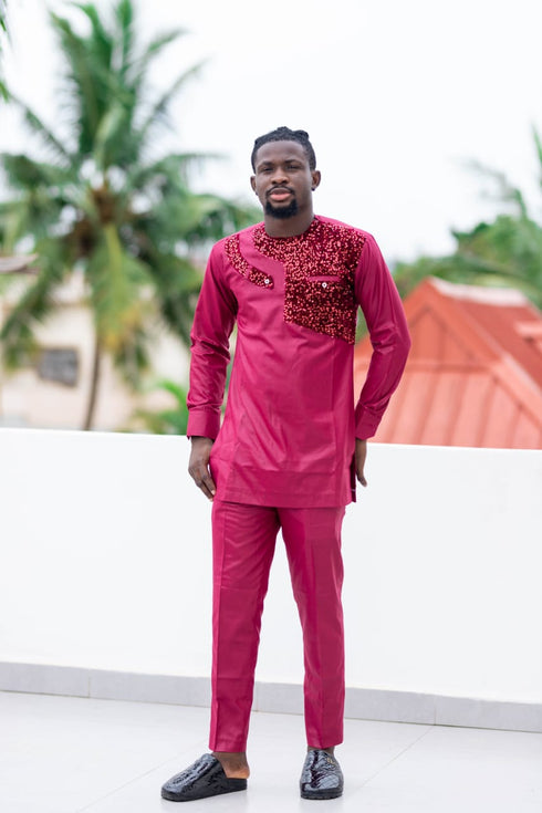 MENSAH Sequin-Embellished Cotton Senator Wear – 2-Piece Set