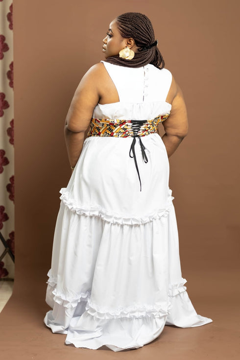 FIKILE Handmade Elegant Maxi Dress with Ankara Waist Belt