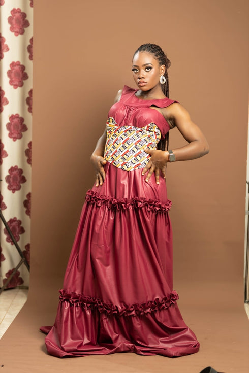 FIKILE Handmade Elegant Maxi Dress with Ankara Waist Belt
