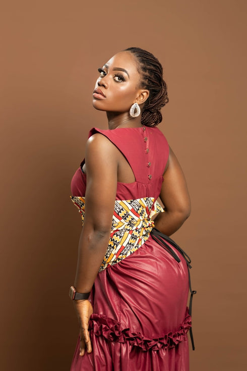 FIKILE Handmade Elegant Maxi Dress with Ankara Waist Belt