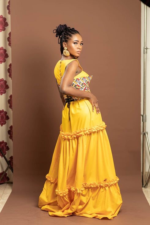 FIKILE Handmade Elegant Maxi Dress with Ankara Waist Belt