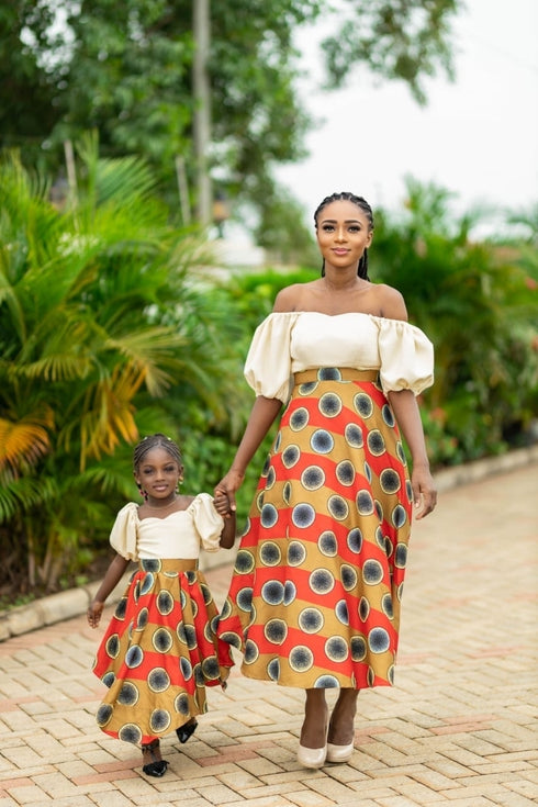 ISATA Long Blossom Twirl Off-shoulder Harmony Ankara & Silk Dress for Girls