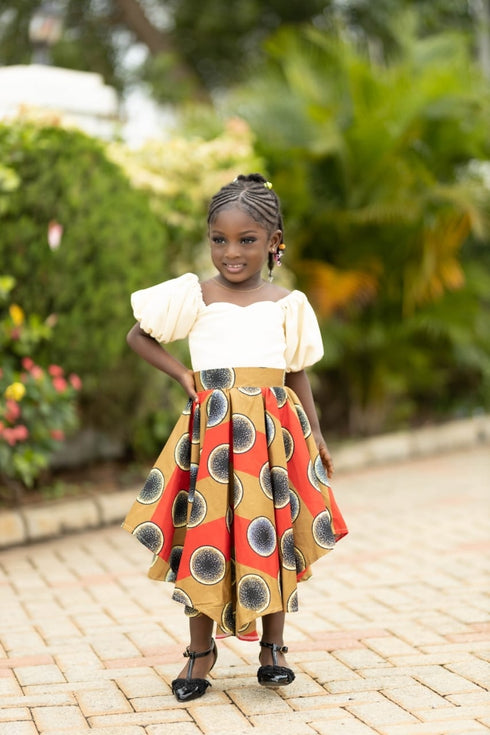 ISATA Long Blossom Twirl Off-shoulder Harmony Ankara & Silk Dress for Girls