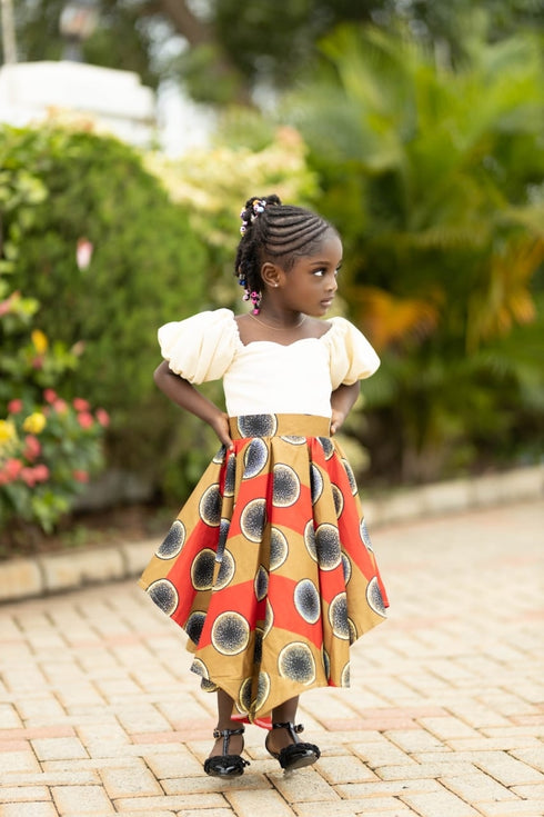 ISATA Long Blossom Twirl Off-shoulder Harmony Ankara & Silk Dress for Girls