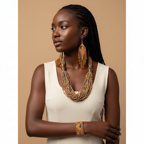 Woman wearing intricate jewelry against a beige background