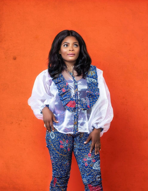 LULU Organza & Ankara Ruffle Top with Fitted Pants for Women