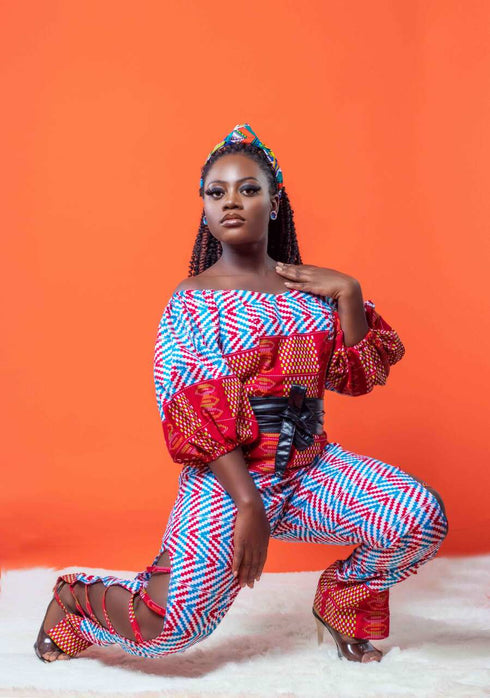 Lesedi Off-Shoulder Ankara Jumpsuit Set with Waist Belt for Women