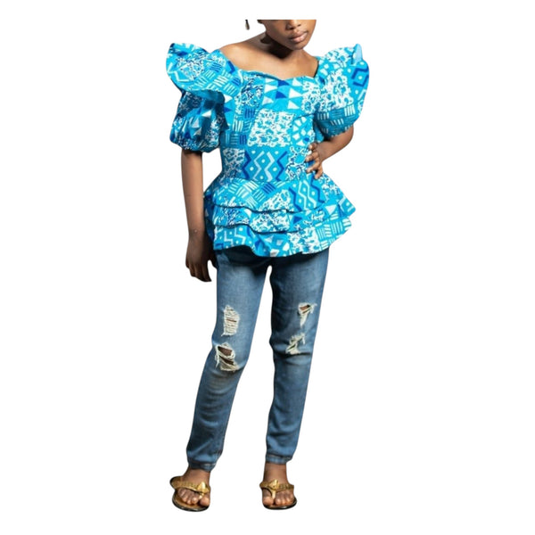 Liora Azure Ankara Peplum Top Set for Girls – Ruffle Sleeve African Print Blouse - Top Only