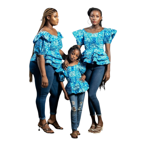 Liora Azure Ankara Peplum Top Set for Girls – Ruffle Sleeve African Print Blouse - Top Only