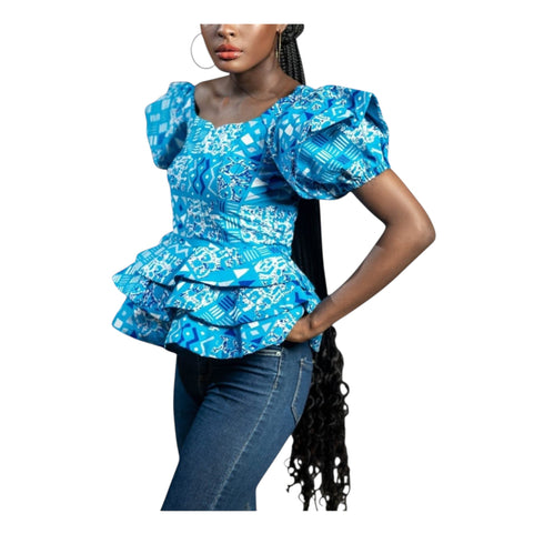Liora Azure Ankara Peplum Top Set for Women – Ruffle Sleeve African Print Blouse - Top Only