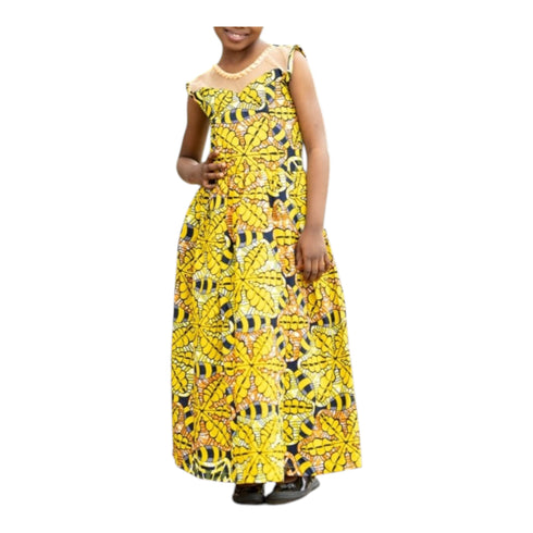 NIAH Long Yellow Blossom Flower Patterned Ankara & Net Dress for Girls