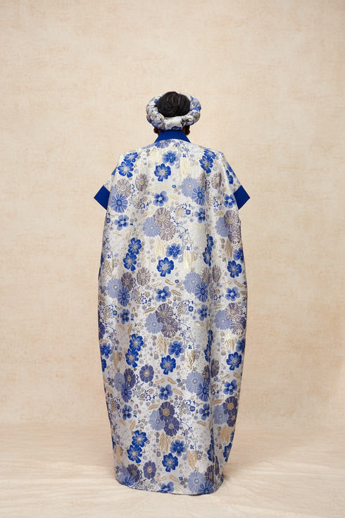 NIAZMINA Luxury Damask Brocade and Cotton Aso Oke African Boubou Kaftan Maxi Dress With Matching Headband and Adjustable Inner Belt - 2 piece Boubou set