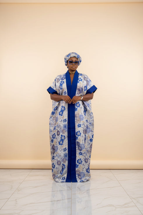 NIAZMINA Luxury Damask Brocade and Cotton Aso Oke African Boubou Kaftan Maxi Dress With Matching Headband and Adjustable Inner Belt - 2 piece Boubou set