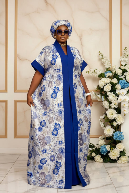 NIAZMINA Luxury Damask Brocade and Cotton Aso Oke African Boubou Kaftan Maxi Dress With Matching Headband and Adjustable Inner Belt - 2 piece Boubou set