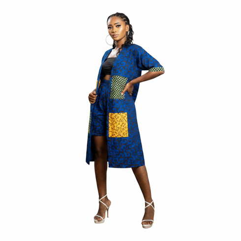 NOMSA Women Linen Graceful Patch Pocket Kimono & Shorts Set in Vibrant Ankara Print