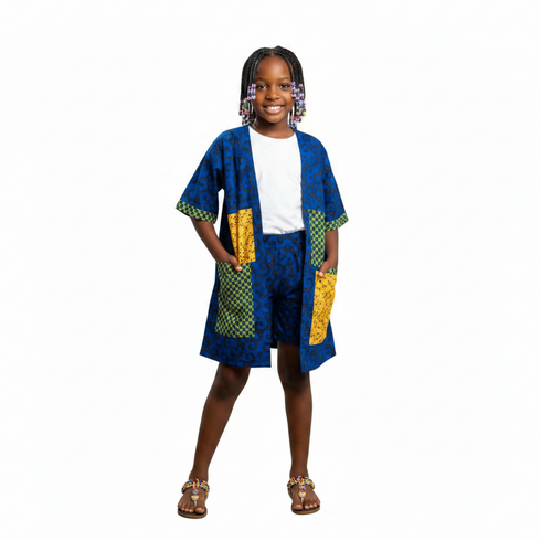 NOMSA Women Linen Graceful Patch Pocket Kimono & Shorts Set in Vibrant Ankara Print