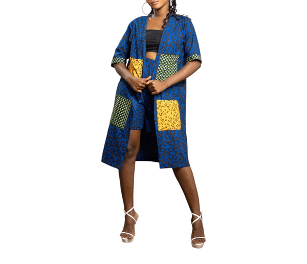 NOMSA Women Linen Graceful Patch Pocket Kimono & Shorts Set in Vibrant Ankara Print
