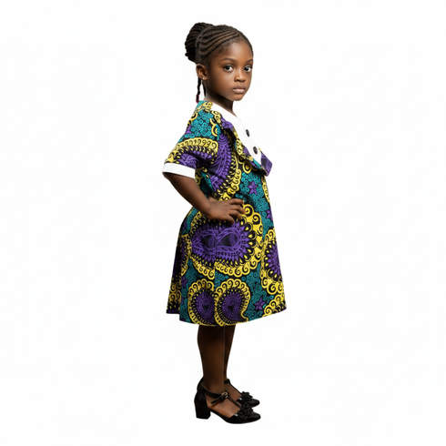 Nayana Girls Ankara V-Neck Button Detail Shift Dress – Girl's Elegant African Ensemble