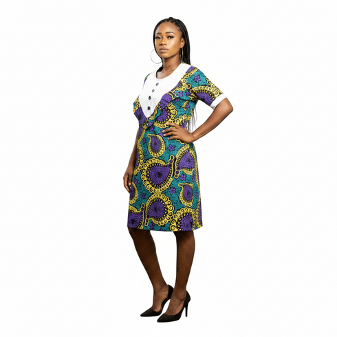 Nayana Women Ankara V-Neck Button Detail Shift Dress – Mother’s Elegant African Ensemble