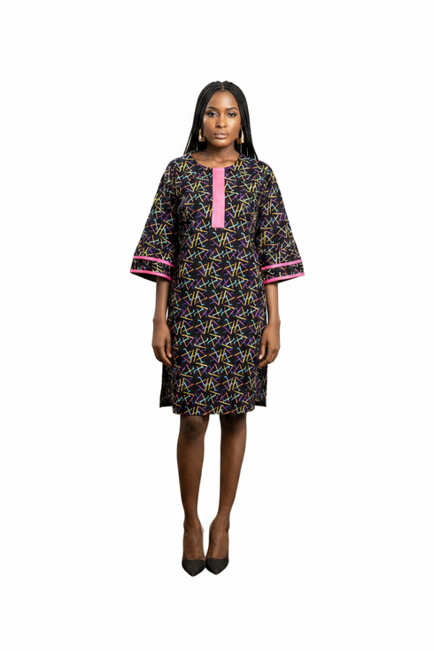 Nevrin Women Multicolour Stroke Ankara Tunic Shift Dress with Split Sleeves – Chic Modern African Wear