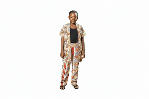 Nomvula African Print Kimono Jacket & High-Waist Pants Set – Elegant Two-Piece Ankara Ensemble for Girls