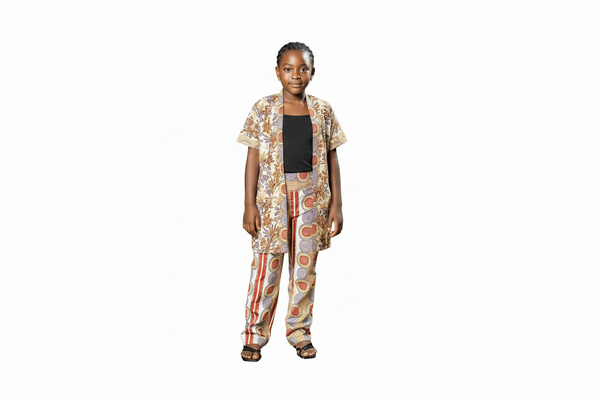 Nomvula African Print Kimono Jacket & High-Waist Pants Set – Elegant Two-Piece Ankara Ensemble for Girls