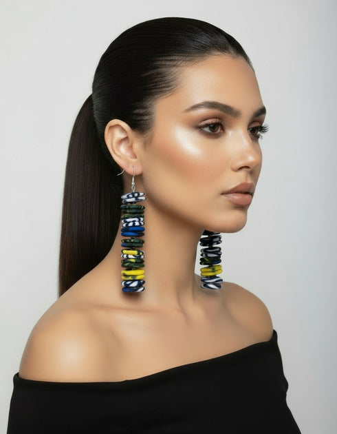 NUBIA Royale tiered chandelier Ankara button drop earrings