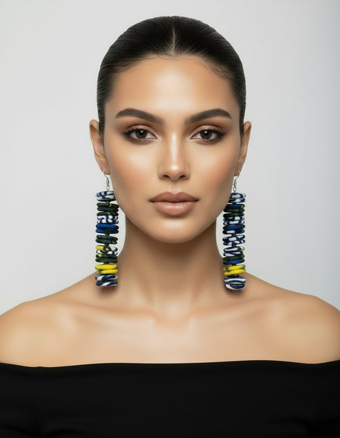 NUBIA Royale tiered chandelier Ankara button drop earrings